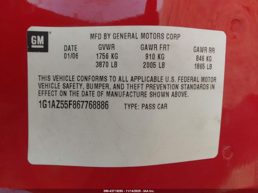 2006 Chevrolet Cobalt Ltz VIN: 1G1AZ55F867768886 Lot: 43715250