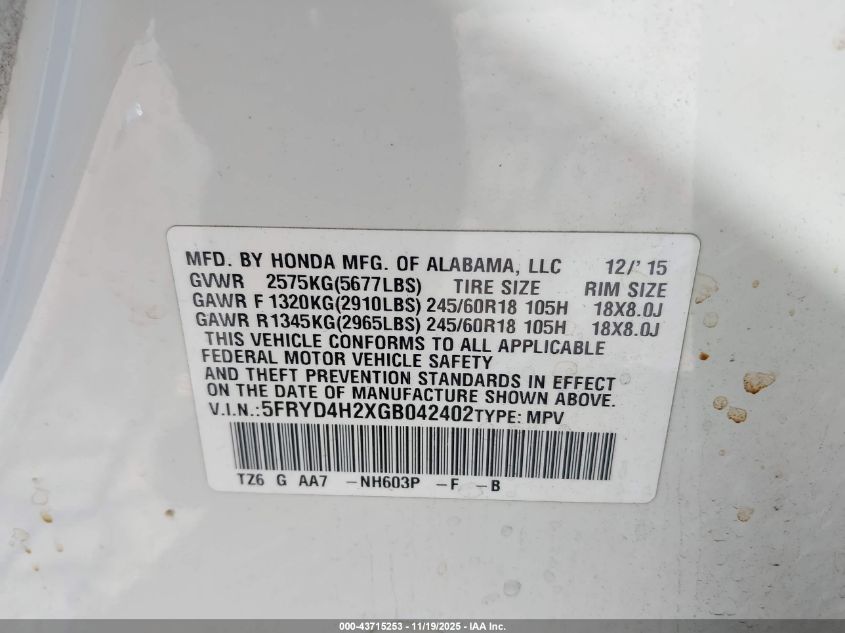 2016 Acura Mdx Acurawatch Plus Package VIN: 5FRYD4H2XGB042402 Lot: 43715253