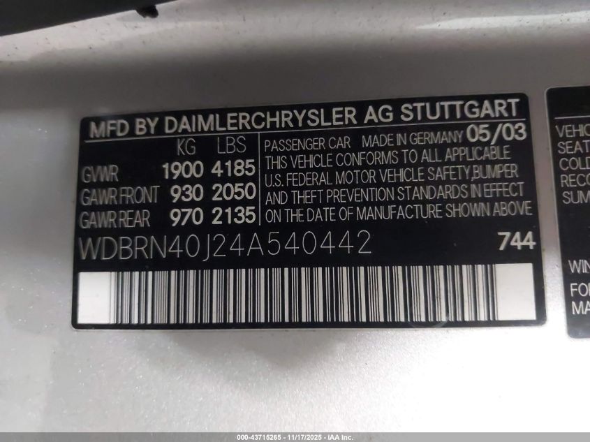 2004 Mercedes-Benz C 230 Kompressor Sport VIN: WDBRN40J24A540442 Lot: 43715265