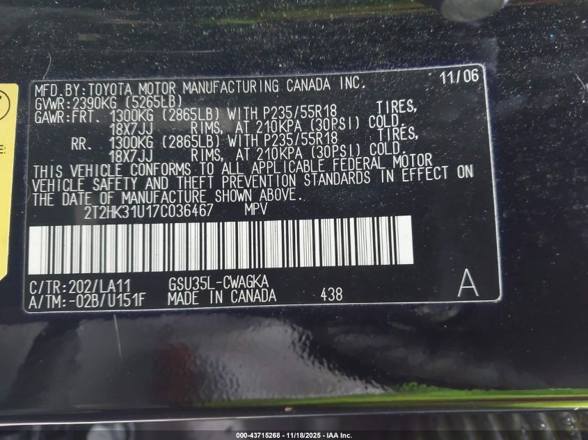 2007 Lexus Rx 350 VIN: 2T2HK31U17C036467 Lot: 43715268