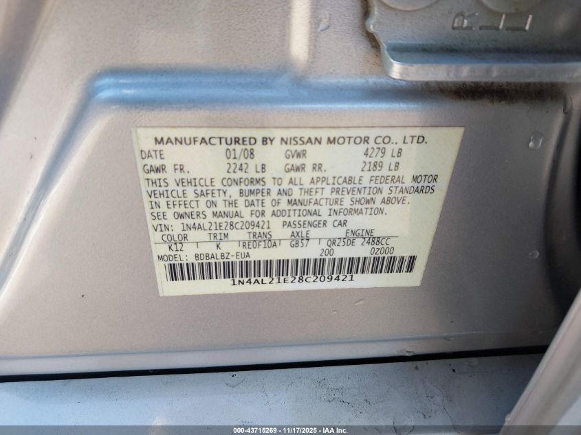 2008 Nissan Altima 2.5 S VIN: 1N4AL21E28C209421 Lot: 43715269