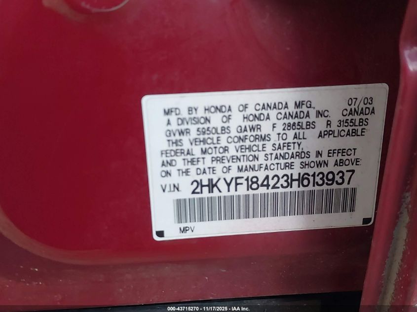 2003 Honda Pilot Ex VIN: 2HKYF18423H613937 Lot: 43715270