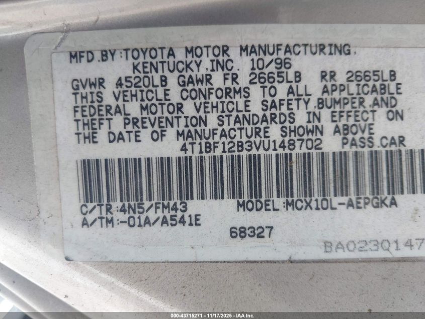 1997 Toyota Avalon Xls VIN: 4T1BF12B3VU148702 Lot: 43715271