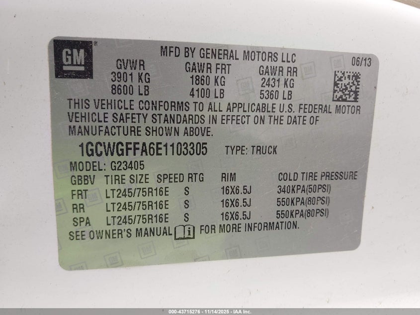 2014 Chevrolet Express 2500 Work Van VIN: 1GCWGFFA6E1103305 Lot: 43715276