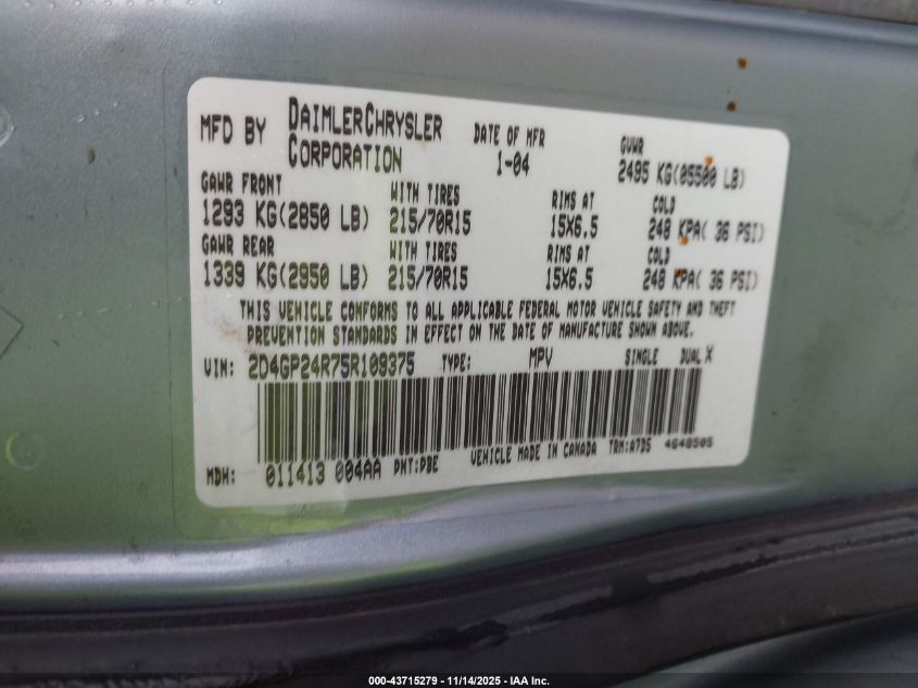 2005 Dodge Grand Caravan Se VIN: 2D4GP24R75R109375 Lot: 43715279