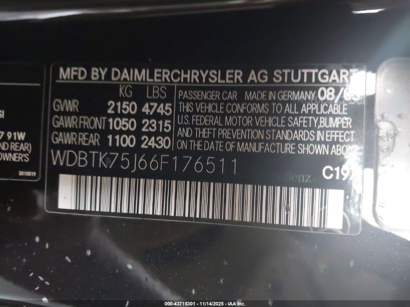 2006 Mercedes-Benz Clk 500 VIN: WDBTK75J66F176511 Lot: 43715301