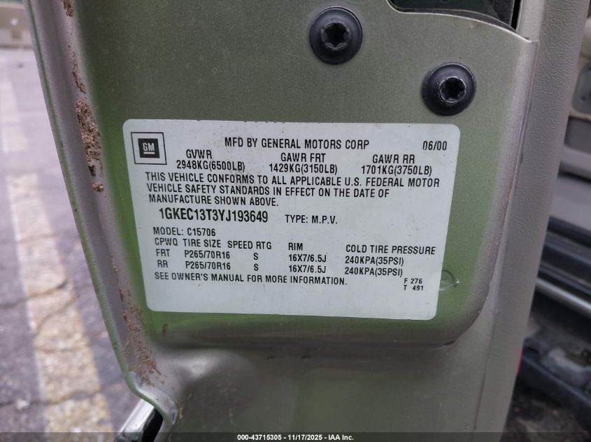 2000 GMC Yukon Slt VIN: 1GKEC13T3YJ193649 Lot: 43715305