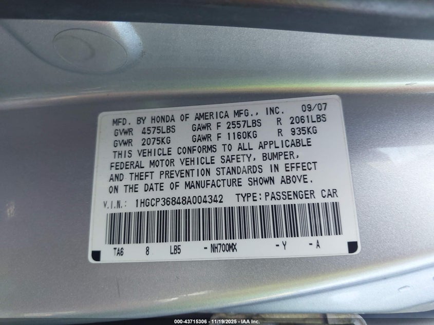 1HGCP36848A004342 2008 HONDA ACCORD photo no. 9
