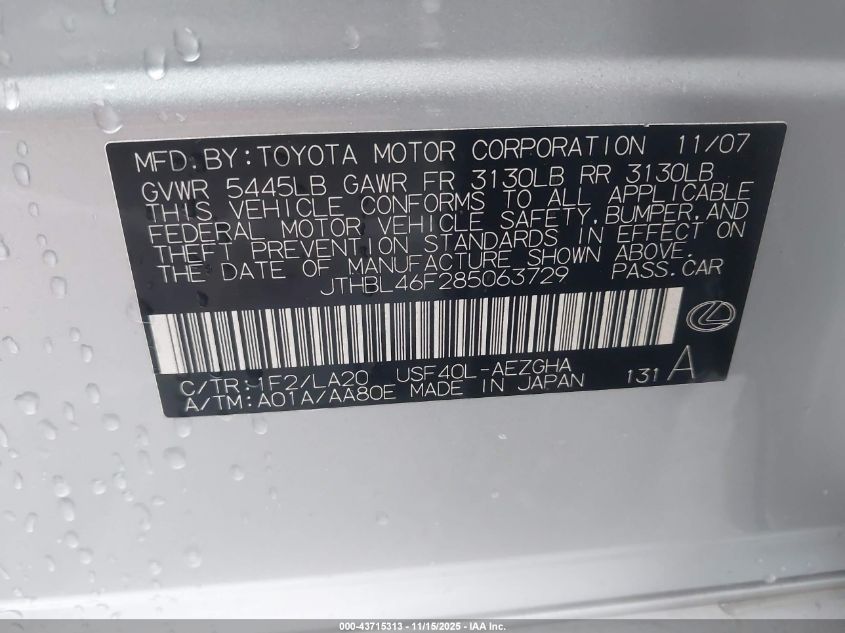 2008 Lexus Ls 460 VIN: JTHBL46F285063729 Lot: 43715313