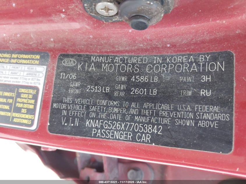 2007 Kia Rondo Ex V6 VIN: KNAFG526X77053842 Lot: 43715321