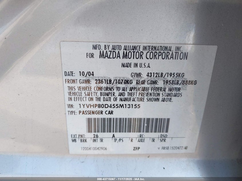 2005 Mazda Mazda6 S Sport VIN: 1YVHP80D455M13155 Lot: 43715367