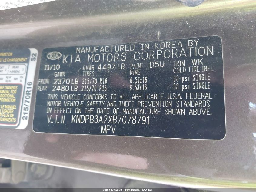 2011 Kia Sportage Lx VIN: KNDPB3A2XB7078791 Lot: 43715369