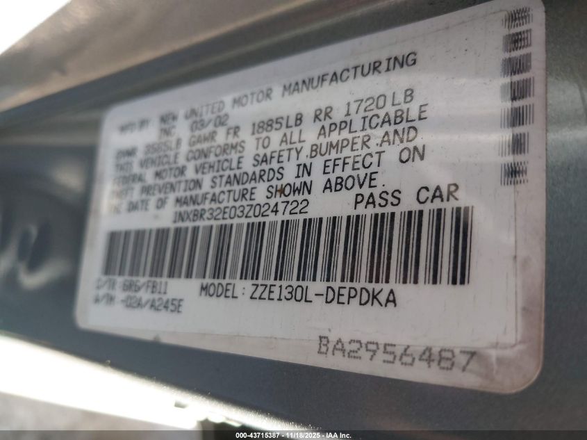 2003 Toyota Corolla Ce VIN: 1NXBR32E03Z024722 Lot: 43715387