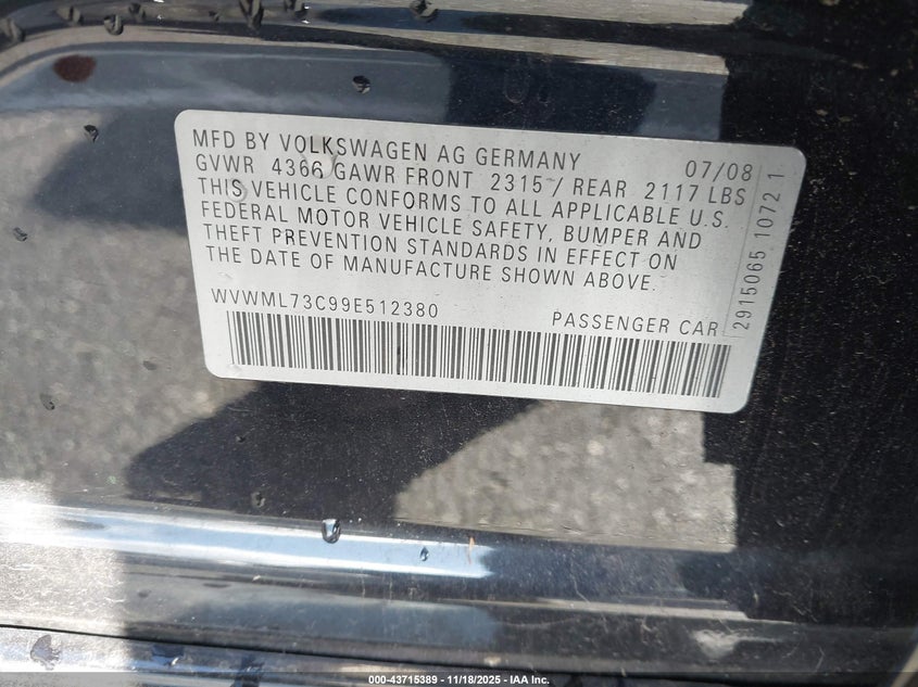 2009 Volkswagen Cc Sport VIN: WVWML73C99E512380 Lot: 43715389