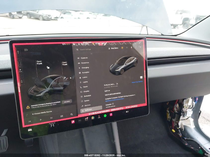 2025 Tesla Model 3 Long Range Rear-Wheel Drive/Standard VIN: 5YJ3E1EA0SF985863 Lot: 43715392