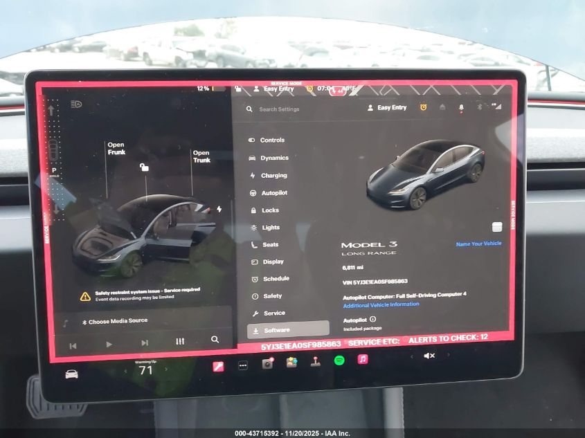 2025 Tesla Model 3 Long Range Rear-Wheel Drive/Standard VIN: 5YJ3E1EA0SF985863 Lot: 43715392
