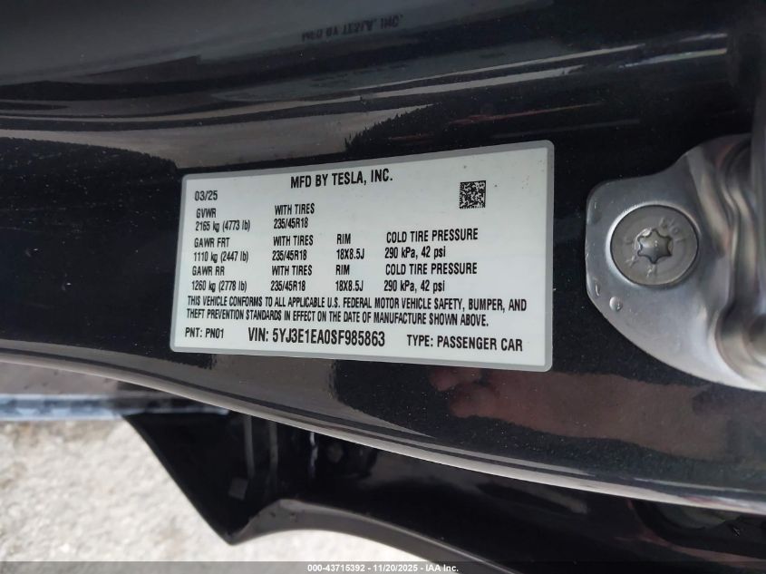 2025 Tesla Model 3 Long Range Rear-Wheel Drive/Standard VIN: 5YJ3E1EA0SF985863 Lot: 43715392