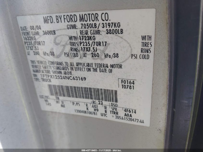 2004 Ford F-150 Lariat/Xl/Xlt VIN: 1FTPX12524NC63169 Lot: 43715403