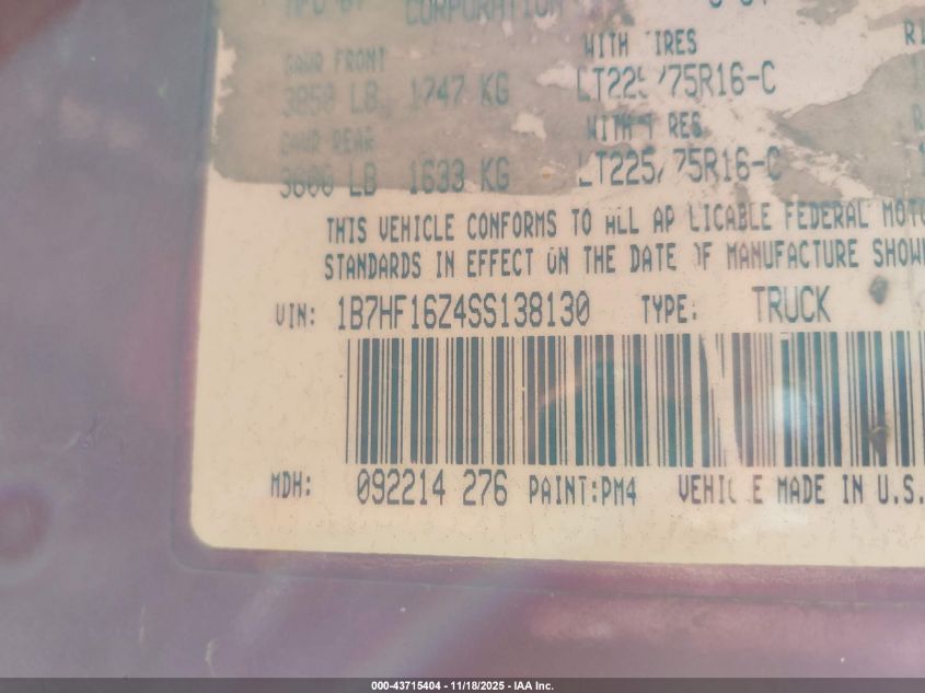 1995 Dodge Ram 1500 VIN: 1B7HF16Z4SS138130 Lot: 43715404