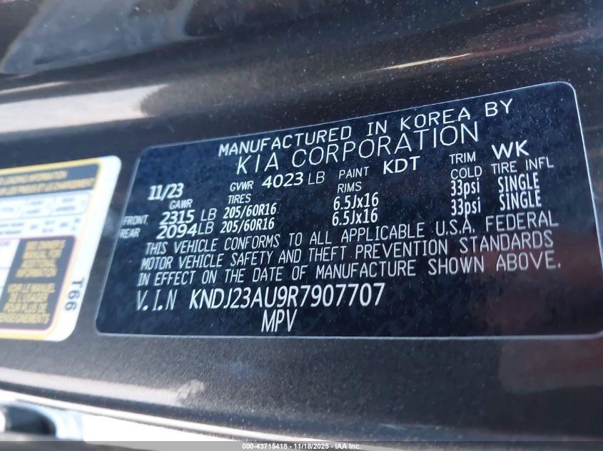 2024 Kia Soul Lx VIN: KNDJ23AU9R7907707 Lot: 43715418