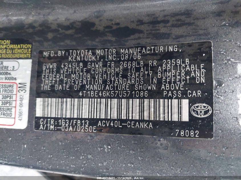 2007 Toyota Camry Le VIN: 4T1BE46K57U571086 Lot: 43715421