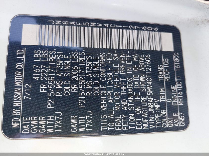 2012 Nissan Juke S VIN: JN8AF5MV4CT127606 Lot: 43715426