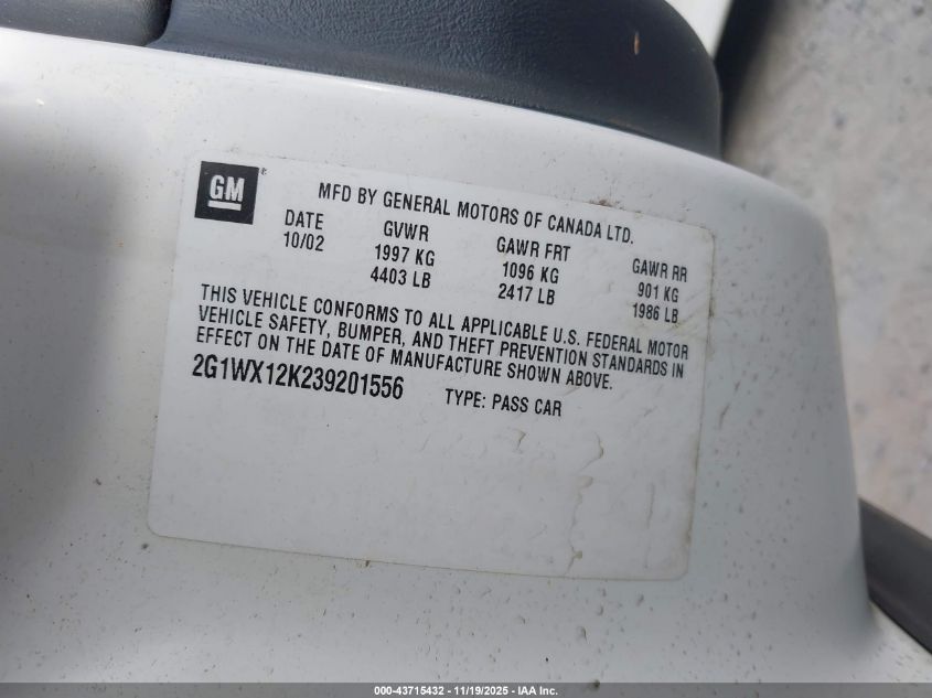 2003 Chevrolet Monte Carlo Ss VIN: 2G1WX12K239201556 Lot: 43715432