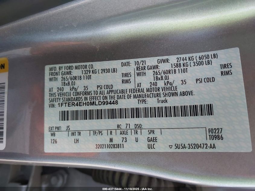 2021 Ford Ranger Xl VIN: 1FTER4EH0MLD99448 Lot: 43715444