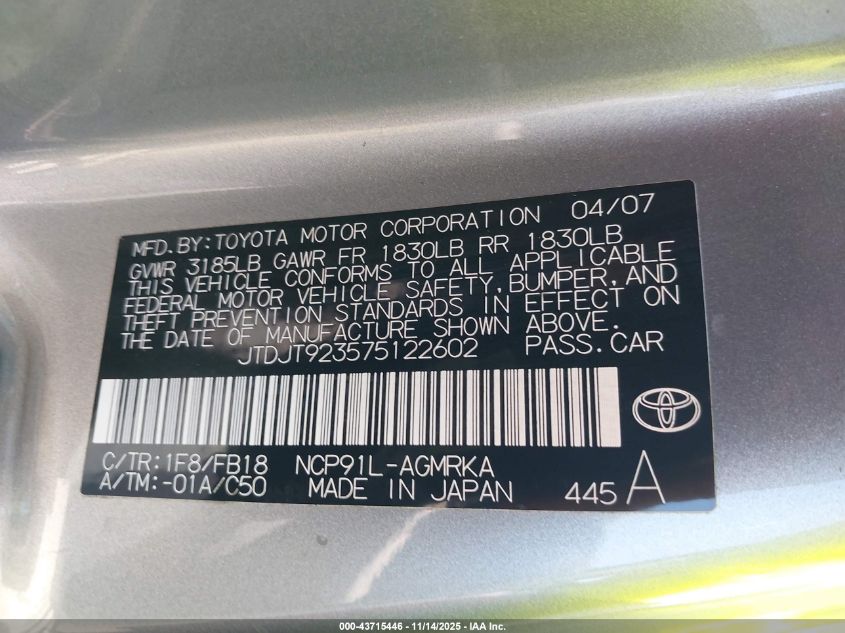 2007 Toyota Yaris VIN: JTDJT923575122602 Lot: 43715446