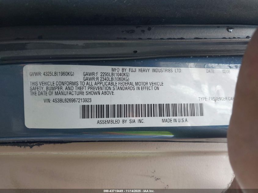 2006 Subaru Legacy 2.5I VIN: 4S3BL626967213923 Lot: 43715449