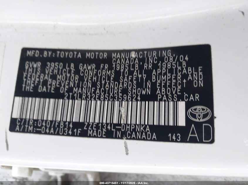 2005 Toyota Matrix Xr VIN: 2T1LR32E85C359624 Lot: 43715451