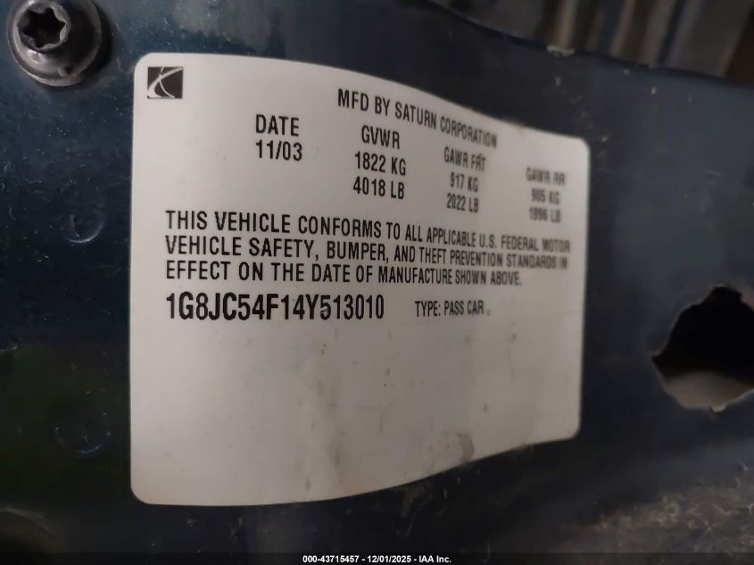 2004 Saturn L300 1 VIN: 1G8JC54F14Y513010 Lot: 43715457