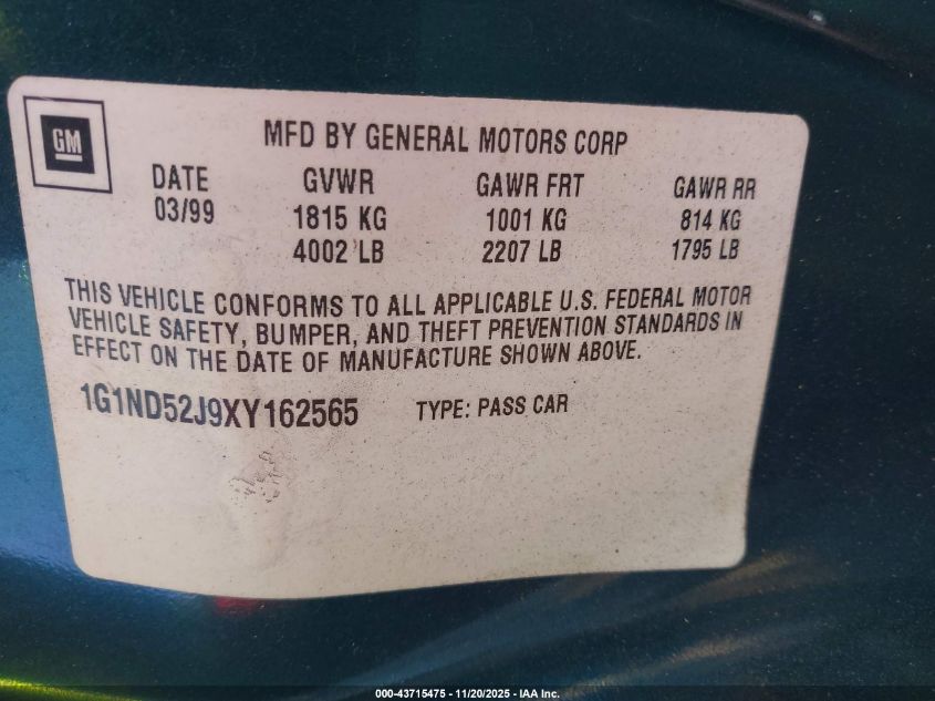 1999 Chevrolet Malibu VIN: 1G1NDS2J9XY162565 Lot: 43715475