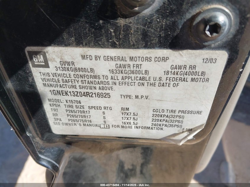 1GNEK13Z04R216925 2004 CHEVROLET TAHOE photo no. 9
