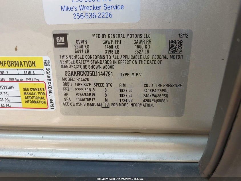 2013 Buick Enclave Leather VIN: 5GAKRCKD5DJ144791 Lot: 43715498