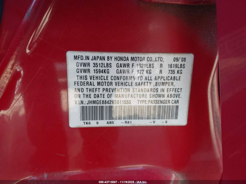 2009 Honda Fit Sport VIN: JHMGE88429S011555 Lot: 43715507