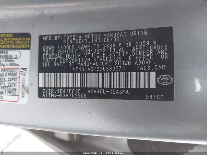 2007 Toyota Camry Se VIN: 4T1BE46K27U580571 Lot: 43715511