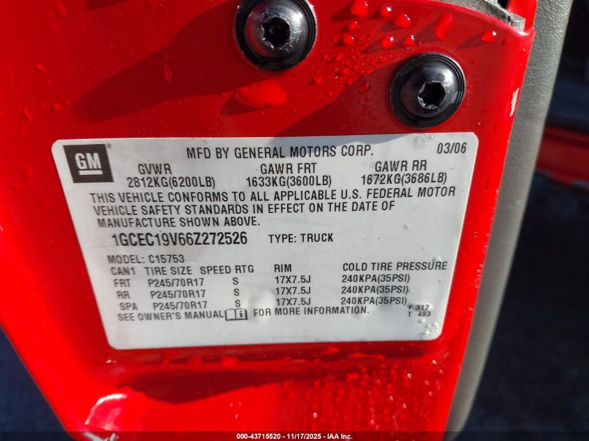 2006 Chevrolet Silverado 1500 Lt1 VIN: 1GCEC19V66Z272526 Lot: 43715520