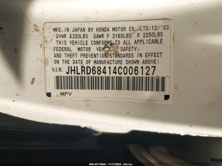JHLRD68414C006127 2004 HONDA CR-V photo no. 9