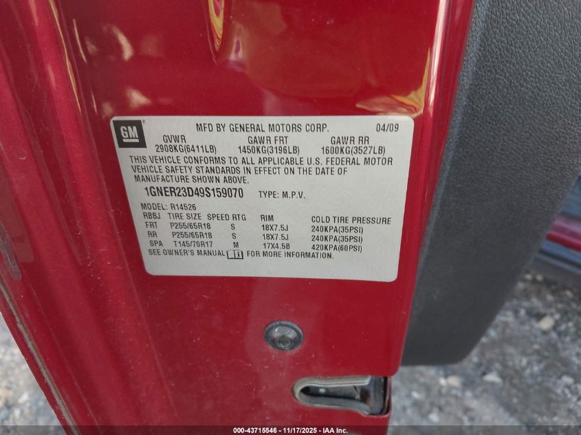 2009 Chevrolet Traverse Lt VIN: 1GNER23D49S159070 Lot: 43715546