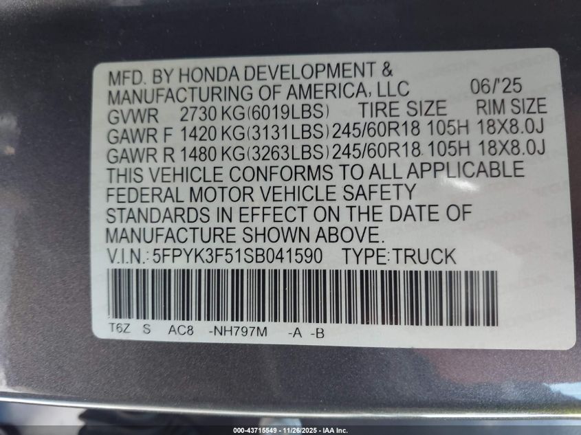 2025 Honda Ridgeline Rtl VIN: 5FPYK3F51SB041590 Lot: 43715549