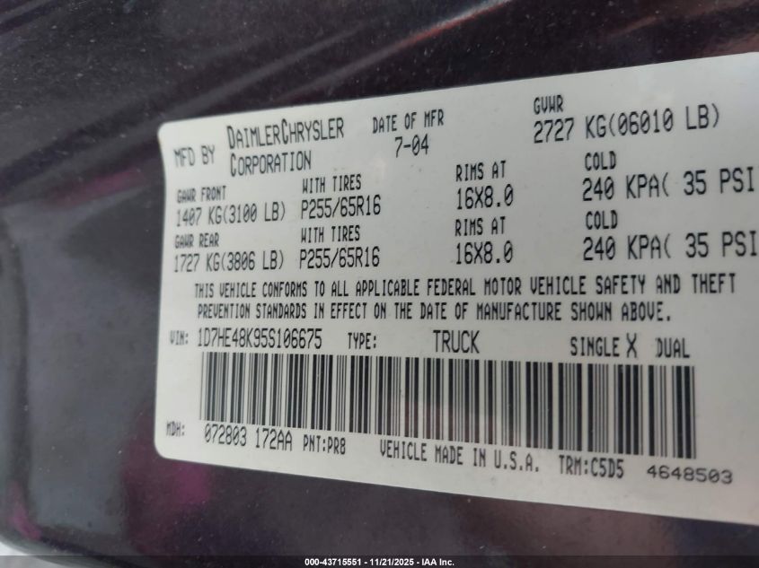 2005 Dodge Dakota Slt VIN: 1D7HE48K95S106675 Lot: 43715551