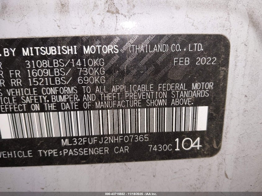 2022 Mitsubishi Mirage G4 Es VIN: ML32FUFJ2NHF07365 Lot: 43715552