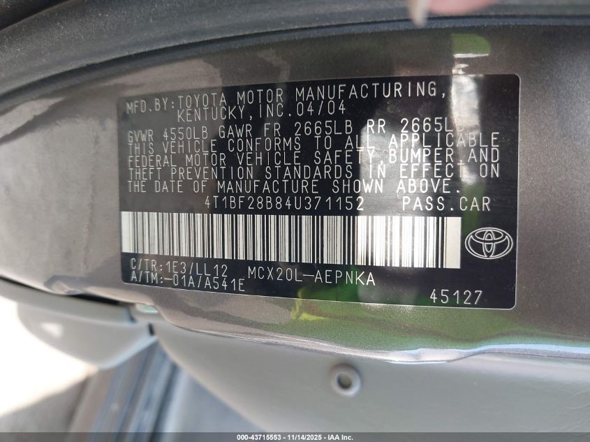 2004 Toyota Avalon Xl VIN: 4T1BF28B84U371152 Lot: 43715553