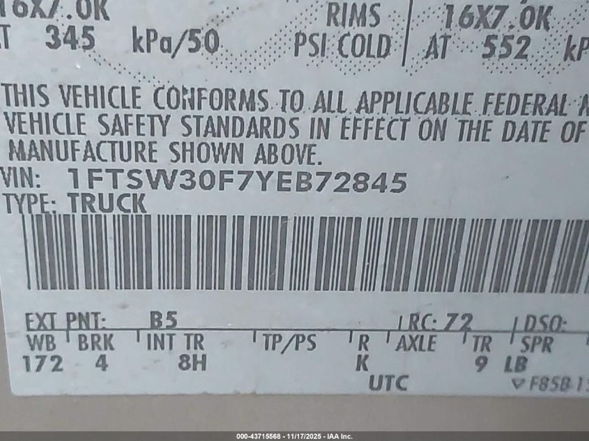 2000 Ford F-350 Lariat/Xl/Xlt VIN: 1FTSW30F7YEB72845 Lot: 43715568