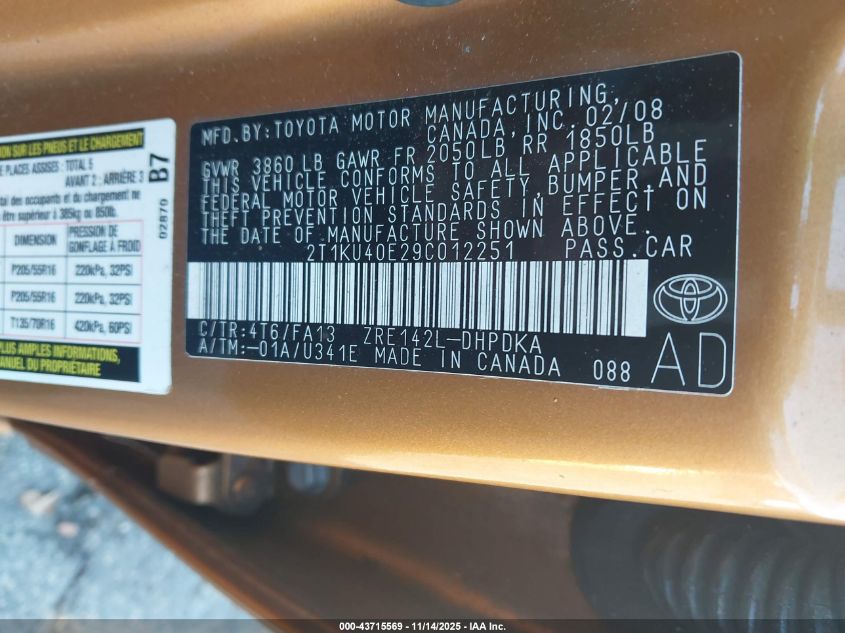 2009 Toyota Matrix VIN: 2T1KU40E29C012251 Lot: 43715569