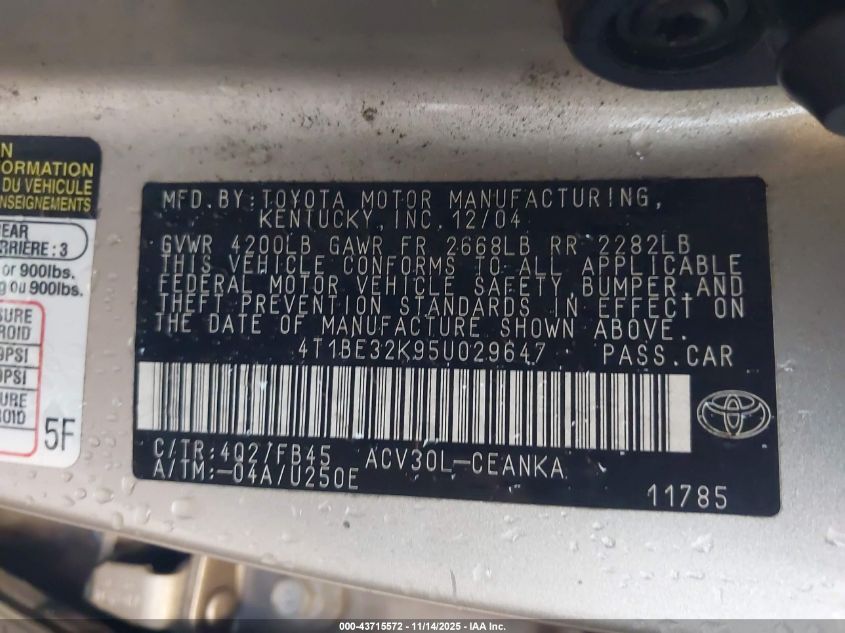 2005 Toyota Camry Le VIN: 4T1BE32K95U029647 Lot: 43715572