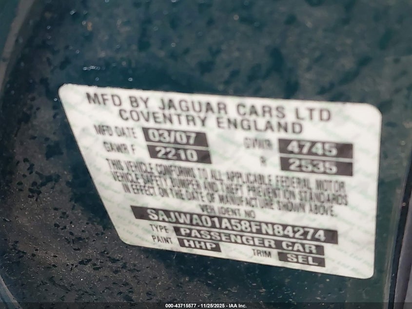 2008 Jaguar S-Type 3.0 V6 VIN: SAJWA01A58FN84274 Lot: 43715577