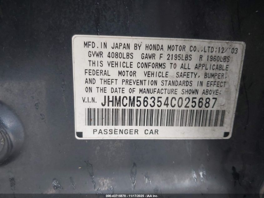 2004 Honda Accord 2.4 Lx VIN: JHMCM56354C025687 Lot: 43715578