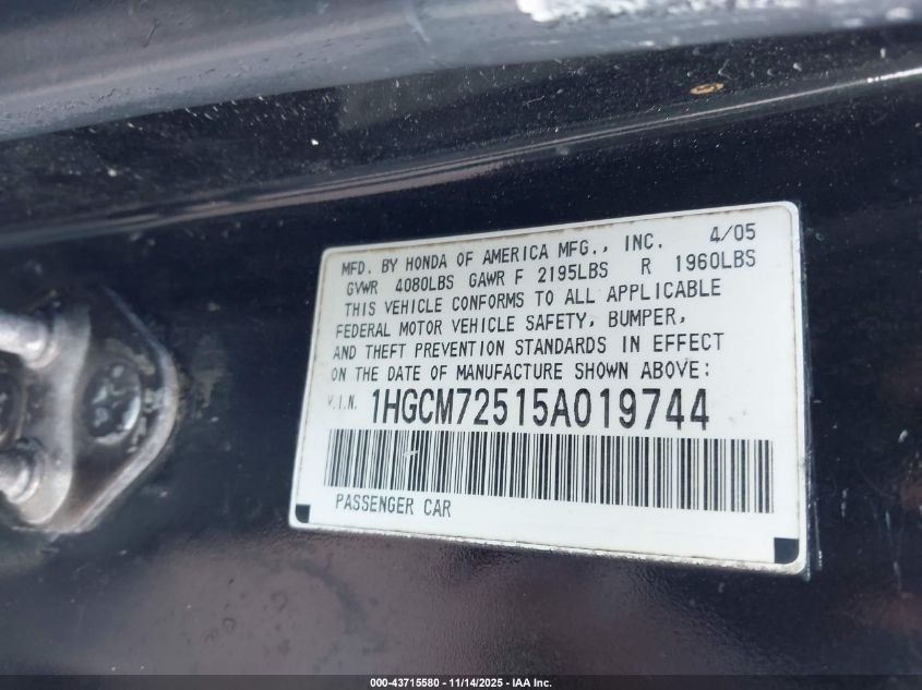 2005 Honda Accord 2.4 Lx Special Edition VIN: 1HGCM72515A019744 Lot: 43715580
